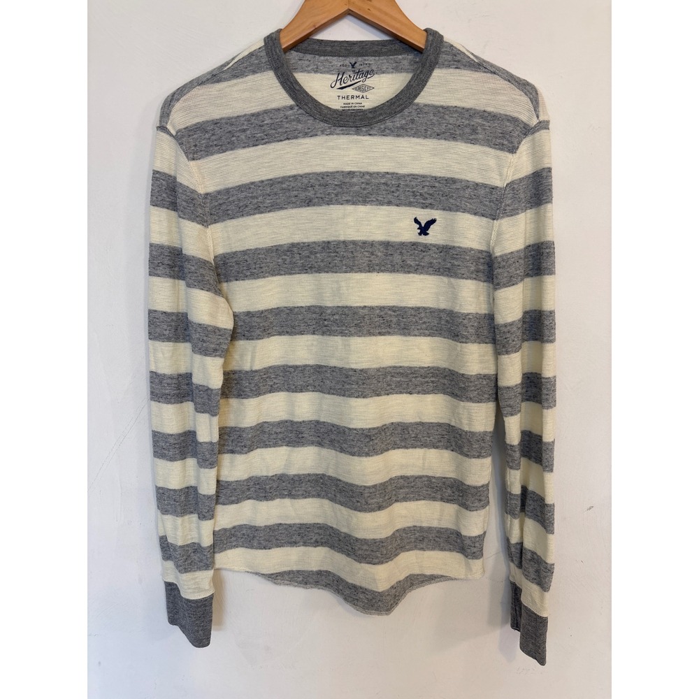 American Eagle Heritage Thermal Shirt Mens Medium Gray White Striped Waffle Knit
